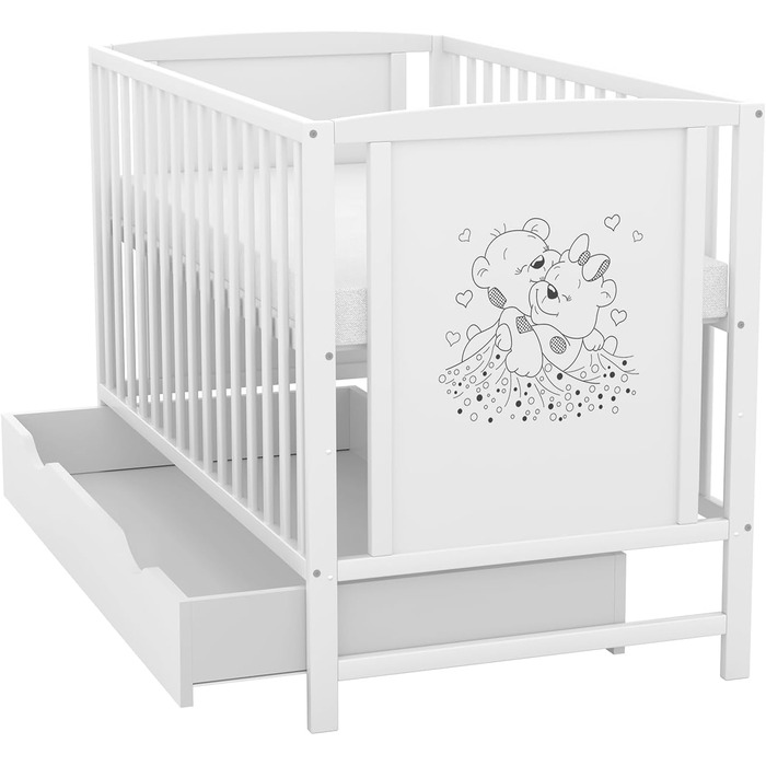 Дитяче ліжко Baby Delux 60x120 см біле, мотив ведмедя, з ящиком і матрацом