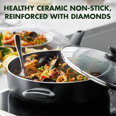 GreenPan Cambridge сковорода для тушкування з кришкою (24 см, 3,1 л), керамічне антипригарне покриття, без PFAS, для індукційних плит, придатна для миття в посудомийній машині, чорна