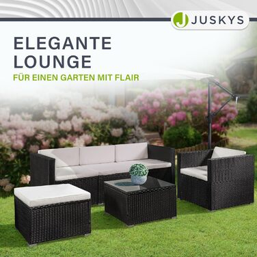 Juskys Lounge Punta Cana L: Комплект садово-розкішних меблів для 4-5 осіб (софа 3 місця, крісло, пуф, столик, подушки). Чудовий вибір для саду, тераси та балкону. Водостійкий набір меблів для відпочинку. Чорний/Крем.