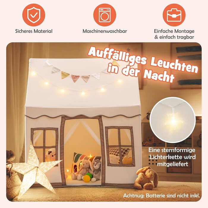 Дитячий намет DREAMADE з гірляндою та килимком, Тіпі, ігровий будиночок з вікнами, для хлопчиків та дівчаток, для дому та вулиці (Бежевий + Кофе)