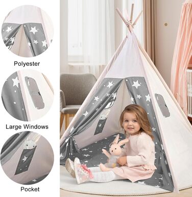 Дитячий намет-типі Kindertipi Dacron 120x120x160 см з вікном, миється, для дитячої кімнати, 4-х стовпчиків, білий (сірий та білий)