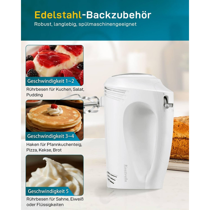 Електричний ручний міксер Kestreln з плоским дном для випічки, потужний міксер для тортів та густого тіста, з гаком для вимішування (S1 білий)