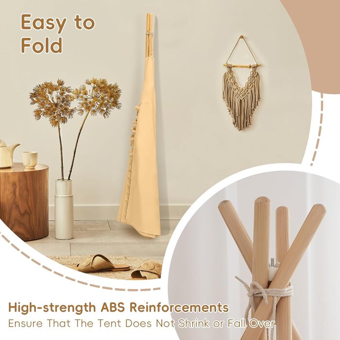 Дитяче намет WIRHAO Tipi з м'яким килимком, бавовна, канвас. Намет Tipi для дітей, з ліхтариками-зірками, сумка, прапор (білий, хакі)