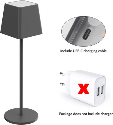 LED-лампа K-Bright на акумуляторі, диммер, тепле світло, для дому та вулиці, USB-C, 3000K, темно-сірий