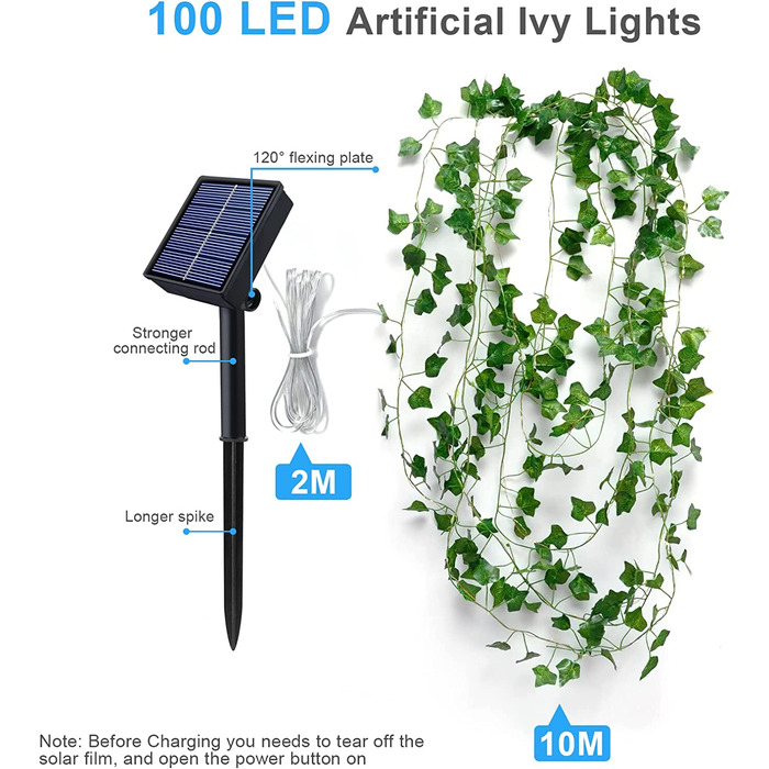 Вуличні гірлянди на сонячних батареях, 100 світлодіодних, 12 м, вуличні водонепроникні гірлянди IP65, 8 режимів, освітлення, декор для саду, патіо, дерев, вечірки, весілля, Різдва, Хеллоуїна (теплий білий) (плющ)