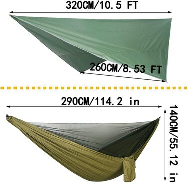 Набір кемпінгових гамаків, одинарний двомісний гамак, москітна сітка, сітка від комах, дощовик, підвісне ліжко з парашутної тканини високої міцності. Підходить для активного відпочинку, походів, кемпінгу, подорожей (зелений)