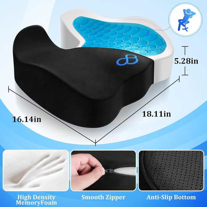 Подушка для сидіння CushyOasis: м'яка, з memory foam, для офісного крісла, протиковзна, знімний чохол, для полегшення болю в куприку, 13.4 см (Чорний)
