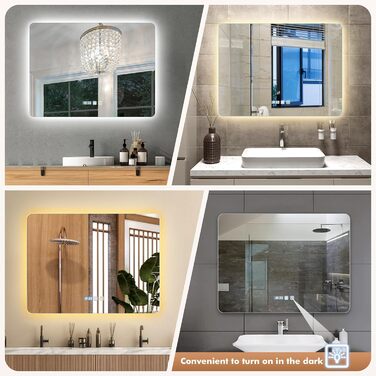 Дзеркало для ванної кімнати Sararoom з підсвічуванням, кругле LED дзеркало 600 мм, дзеркало для ванної кімнати з підсвічуванням, 3 кольори світла, регулювання яскравості, загартоване скло, функція пам'яті, запобігання запотіванню (прямокутне 80 x 60 см)