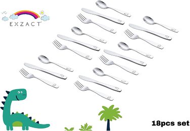 Дитячий набір столових приборів EXZACT Kinderbesteck 18 предметів з нержавіючої сталі - для дітей від 2 років - безпечні ножі, миючі в посудомийній машині, з гравіюванням (динозаври)