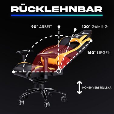 Ігровий крісло KLIM Esports – PC крісло з регульованою спинкою, підлокотниками 4D, подушками для голови та попереку, 170 кг, тиха база – жовтий