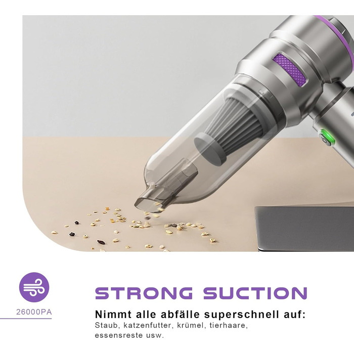 Акумуляторний ручний пилосос KITBEZN 26000Па, бездротовий міні-пилосос 4-в-1 з безщітковим двигуном для авто, дому, диванів та шерсті тварин (Фіолетовий)