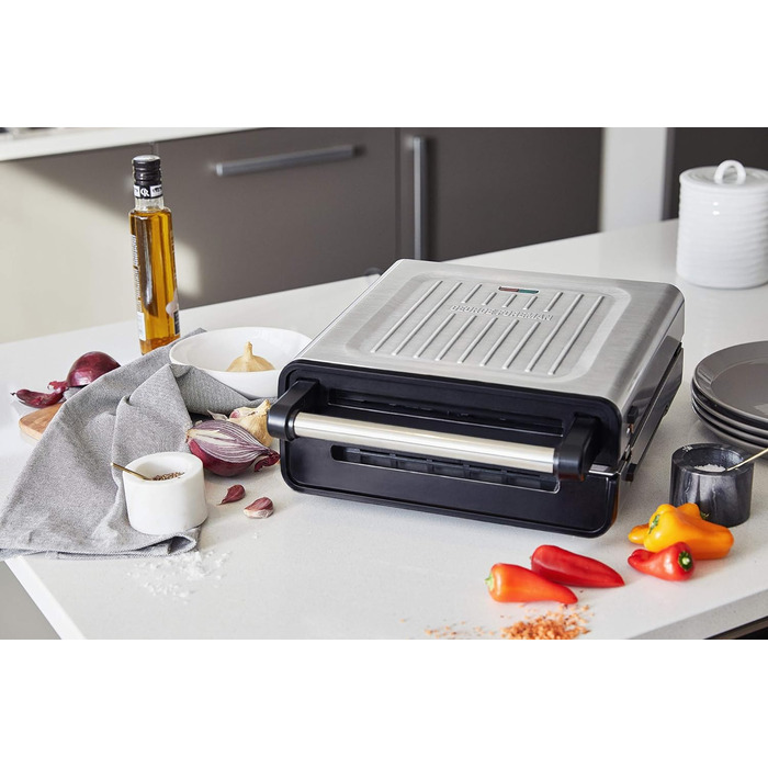 Контактний гриль George Foreman з антипригарним покриттям для приготування паніні та сендвічів [Без диму - 87% менше диму] Настільний гриль (знімні та придатні для миття в посудомийній машині пластини, температура 200°C, корпус з нержавіючої сталі) 28000-