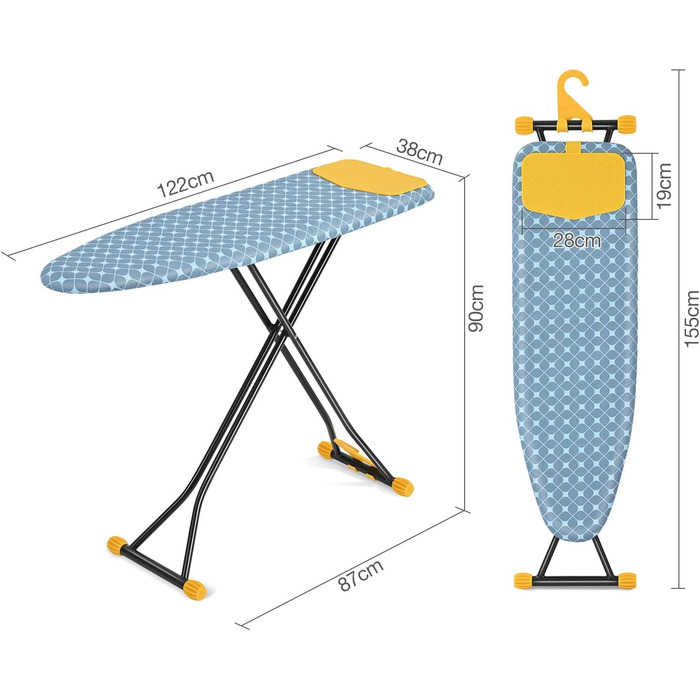 Прасувальна дошка з полицею, компактна, компактна, регулюється по висоті, настінний кронштейн, 122x38см жовта