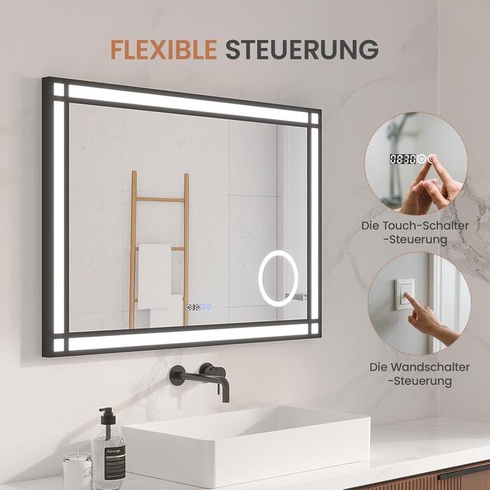 LED дзеркало для ванної кімнати AQUABATOS 50x70 см з підсвічуванням, ефект вікна, сенсорне керування, регулювання яскравості, антизапотівальне покриття, чорний алюмінієвий каркас, індустріальний стиль, годинник, дзеркало для макіяжу