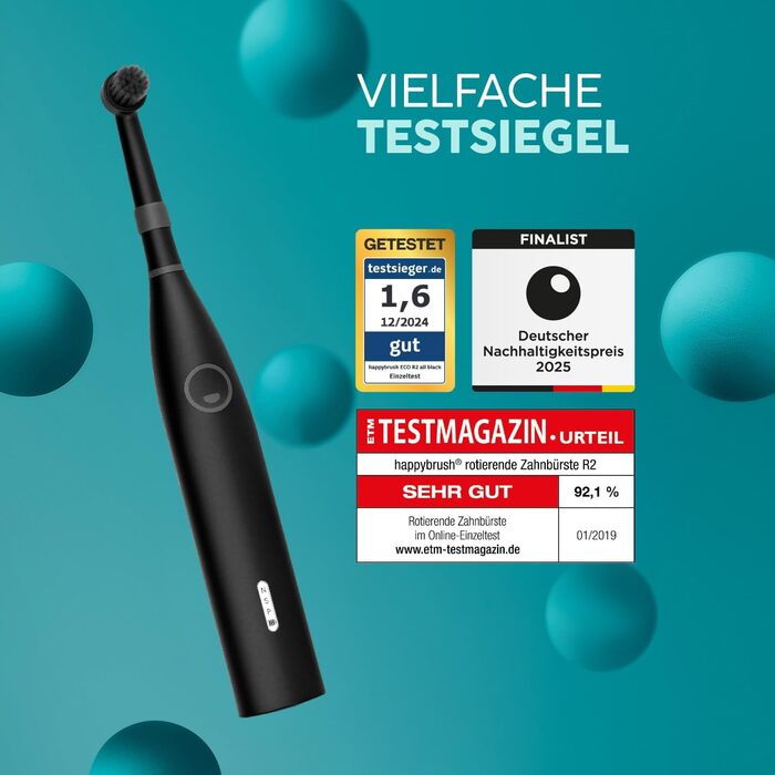 Електрична зубна щітка Happybrush Eco R2 - екологічна, з ротаційним механізмом, чорна, з 3 насадками та пастою. Рекомендовано експертами.