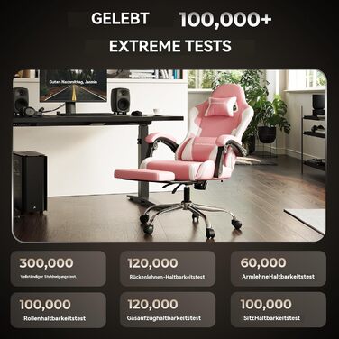 Ігровий крісло Dowinx з підніжкою та масажем попереку. Ергономічне, комфортне, з підголівником. Підходить для офісу, дому, стрімінгу та тривалих ігрових сесій. Білий (рожевий)