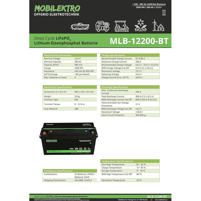 Літієва батарея глибокого циклу з 0 ПДВ LiFePO4 200Ah 12V 2560Wh з BMS і Bluetooth для автофургону/човна