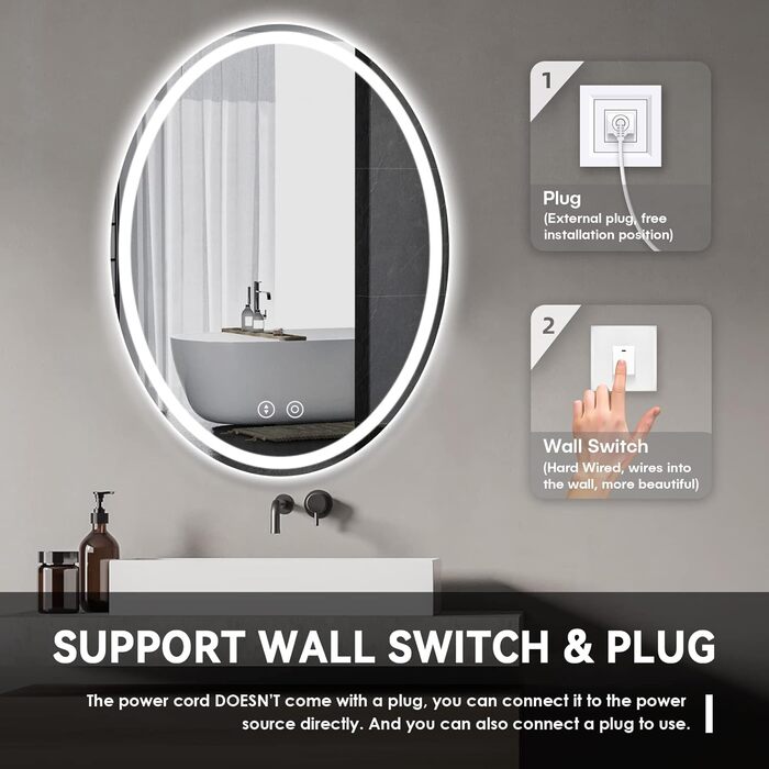 Дзеркало для ванної кімнати Dripex з підсвічуванням LED, сенсорне керування, регулювання яскравості, 3 кольори світла, антизапарник, овальне, 50 x 70 см