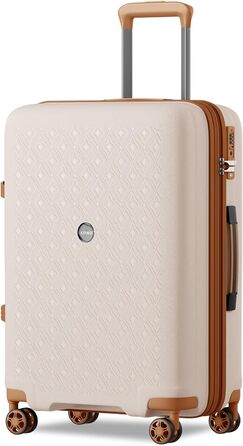 Чемодан ручної поклажі KONO з тримачем для напоїв, жорсткий, легкий, з поліпропілену, розширюваний, з 4 колесами та TSA замком (кремовий/коричневий, XL)