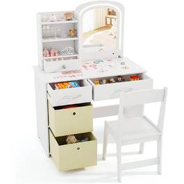 Дитячий туалетний столик DREAMADE для дівчаток з LED-підсвіткою, дерев'яний столик принцеси з відкритими полицями та 5 шухлядами, білий, від 3 років