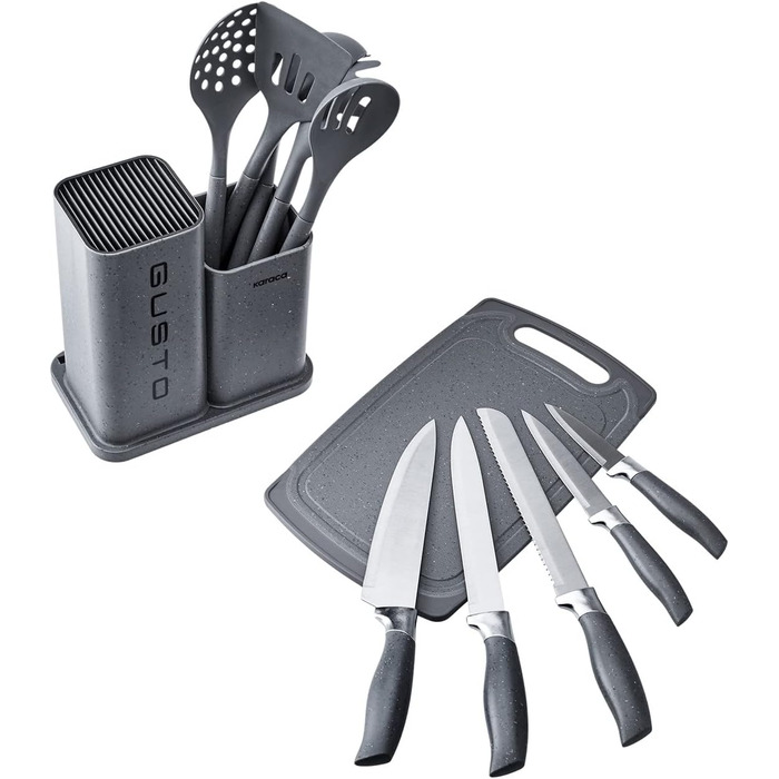 Набір ножів Karaca Gusto 12 предметів з обробною дошкою та кухонними аксесуарами (сірий)