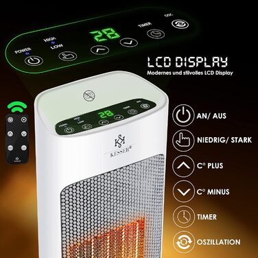 Обігрівач KESSER® 2000W з пультом керування, тихий, енергозберігаючий, керамічний, з осциляцією 80°, таймером 24 год, білий