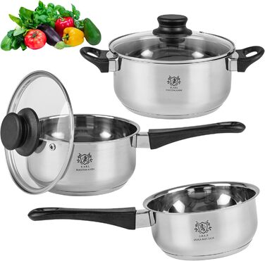 Набір каструль з нержавіючої сталі Induktion 3-х частинний - для всіх типів плит - з кришкою з термостійкого скла - з мірною шкалою