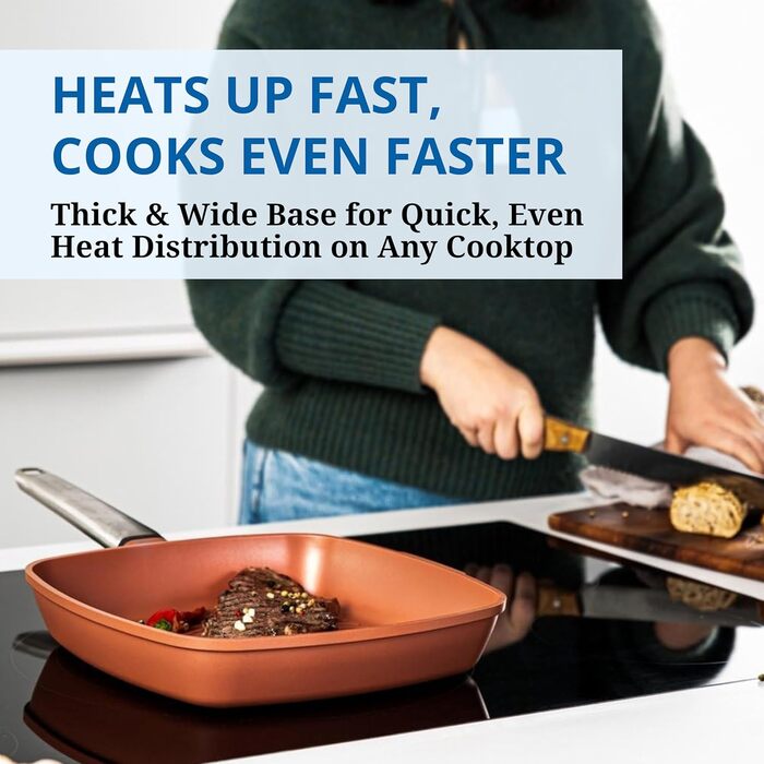 Сковорода-гриль Westinghouse PERFORMANCE SERIES 28 см з нержавіючої сталі, для індукції, грилю та всіх плит, з антипригарним покриттям, для духовки та мийки, алюміній (червоно-коричневий)