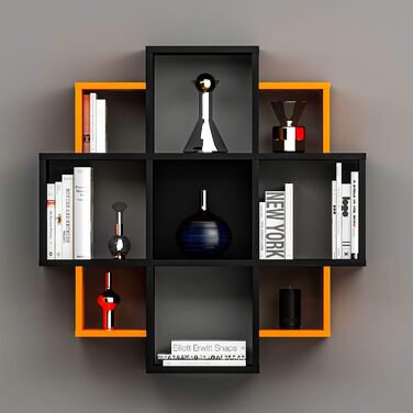 Настінна полиця Homidea Bloom - Книжкова шафа - Декоративна полиця для вітальні в сучасному дизайні (чорний/помаранчевий)
