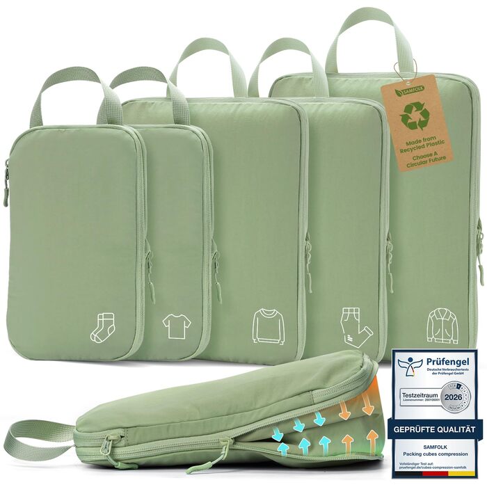 Набір компресійних органайзерів для одягу в дорогу (5 шт), нейлонові пакувальні куби для валізи та рюкзака, зелені