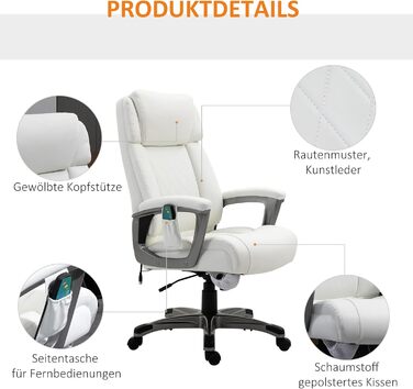 Крісло офісне з масажем Vinsetto - ергономічне, регульоване, з штучної шкіри, біле (70x76,5x114-124 см)