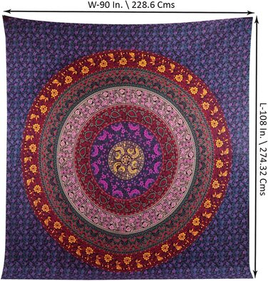 Настінний гобелен з мандалою-фіолетовий гобелен з великою мандалою в стилі хіпі, декоративний настінний психоделічний гобелен в богемному стилі Гоа для домашнього декору (274x228 см)
