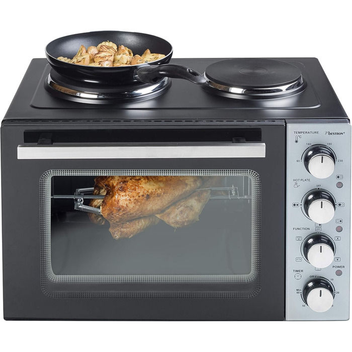 Міні-піч Bestron AOV31PS з поворотним шампуром та каменем для піци, 1500 Вт, нержавіюча сталь (31 літр)