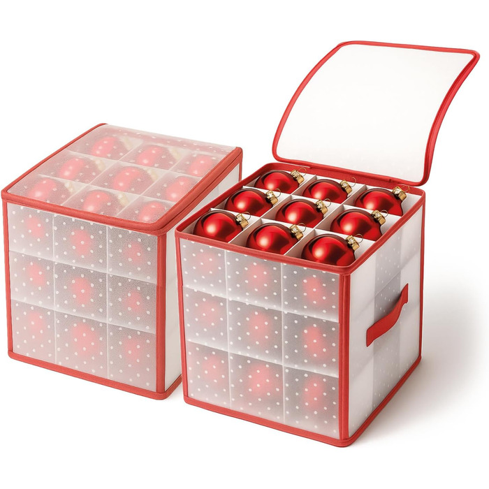 Коробка для зберігання 32 новорічних кулі - органайзер для прикрас на ялинку COM-FOUR - прозора/червона