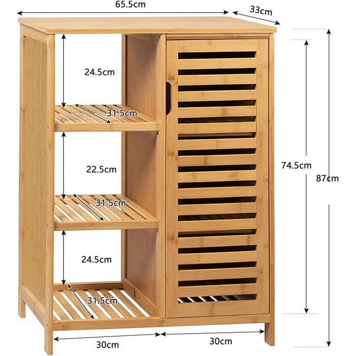 Бамбукова шафа для ванної кімнати WAOHO, полиця/буфет для ванної кімнати та вітальні (65,5x33x87 см)