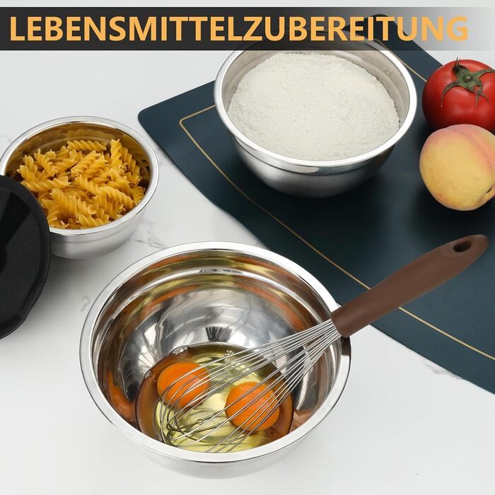 Набір місок для перемішування Hunnycook, 7 шт., нержавіюча сталь, з кришкою, для салатів, миття в посудомийній машині, 5L, 4.5L, 4L, 2.4L, 1.7L, 1.25L, 0.8L, сріблястий