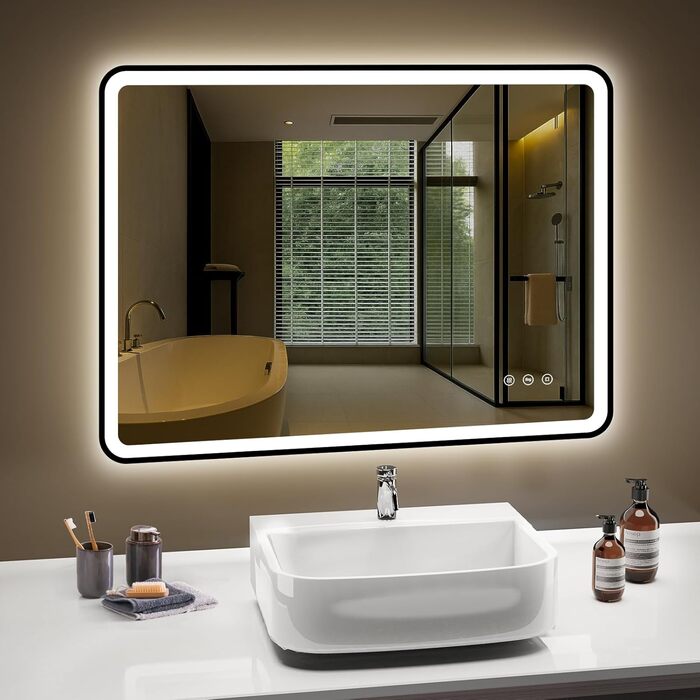 LED дзеркало для ванної кімнати 80x60 см з підсвічуванням, диммер, протитуманне покриття, 3 кольори світла, IP44, функція пам'яті, горизонтальний/вертикальний монтаж