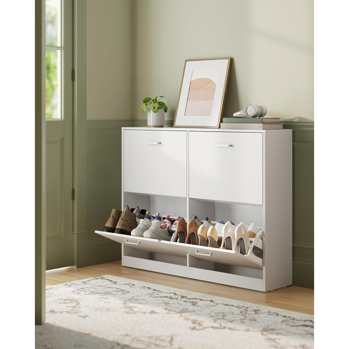Шафа для взуття VASAGLE з 4-ма дверцятами, 16-28 пар, білий колір, регульована перегородка, 24 x 105,5 x 82,7 см