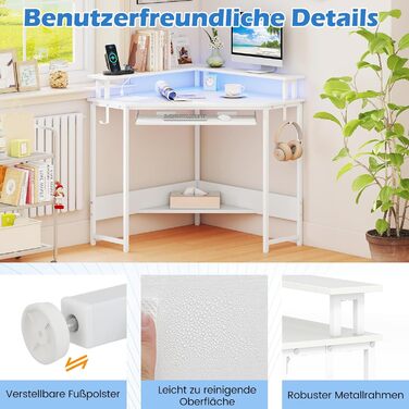 COSTWAY кутовий стіл з зарядкою, трикутний кутовий стіл з LED, підставка для клавіатури та підставка для монітора, ігровий стіл економія простору, кутовий стіл для дому, офісу (білий)