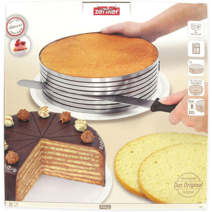 Zenker 7705 Ніж для різання торта Кондитерський цех Ø26/28 см Набір тортів з ножем для торта та основою для торта Підйомна основа Аксесуари для торта з нержавіючої сталі Кількість 1 x Набір з 3 штук Колір сріблястий (пристосування для нарізки торта)