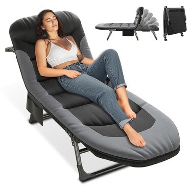 Розкладне кемпінгове ліжко-шезлонг XXL чорне, посилене польове ліжко з регульованою спинкою для відпочинку, рибалки та саду