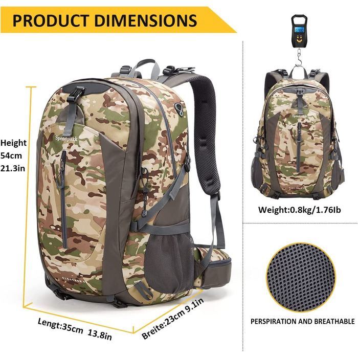 Водонепроникний рюкзак YTL для чоловіків і жінок, легкий рюкзак на відкритому повітрі об'ємом 40 л, підходить для подорожей і кемпінгу (розміри 21,3 x 13,8 x 9,1 дюйма) (C Acu)