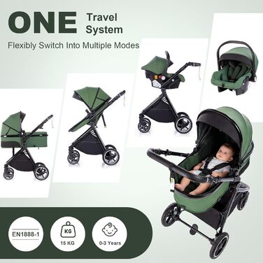 Дитяча коляска 3-в-1 | Комбінована коляска з автокріслом | Візок з регульованою ручкою | Алюмінієвий каркас | Москітна сітка | для новонароджених 0-4 роки, Зелений
