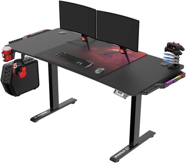 Ігровий стіл ULTRADESK Level V2 LED RGB з електричним регулюванням висоти Внутрішня пам'ять на 2 налаштування Подовжувач, килимок для миші розміру XXL Сталева рама, червона накладка, 140x68 см