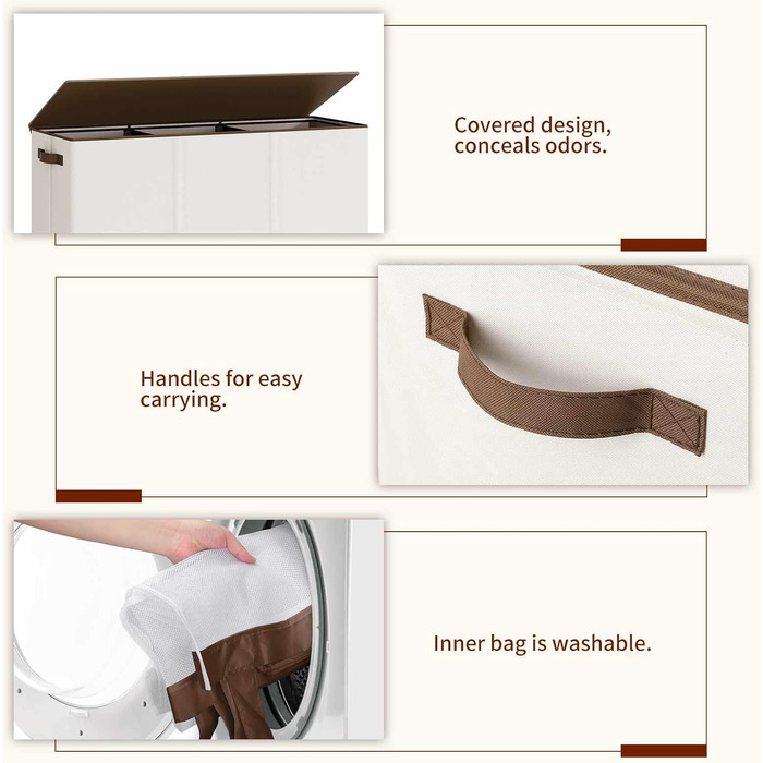 Кошик для білизни Relefree з 3 відділеннями, 180 л, великий кошик для сортування білизни, з 3 знімними мішками, з кришкою, для спальні, ванної кімнати, гуртожитку, кольору слонової кістки