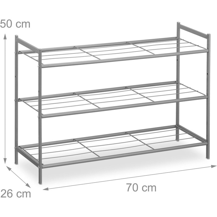 Металева полиця для взуття Relaxdays, 3 рівні, розширювана, полиця для взуття в передпокої HBT 50 x 70 x 26 см, 9 пар взуття, відкрита, (срібло)