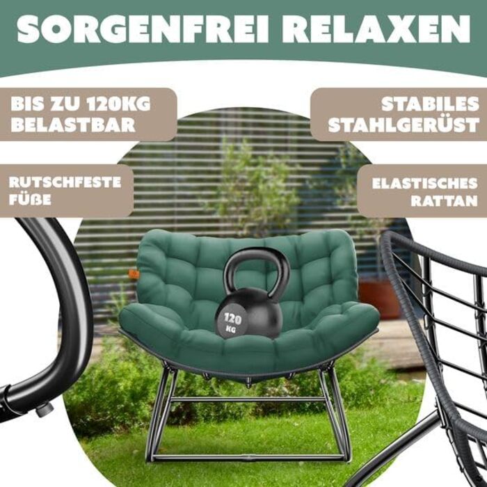 Крісло-гойдалка KESSER XXL для вулиці та дому, зелений, до 150 кг, з подушкою, ергономічне, для саду та балкону