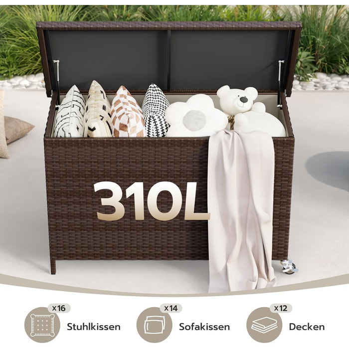 Водонепроникний садовий ящик Amopatio Gartenbox 480л з поліротангу, металевий з колесами та газліфтом для саду, балкону - коричневий