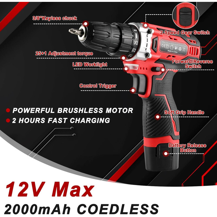 Набір інструментів TLGREEN акумуляторний (138 предметів) з дрилем-шуруповертом 12V, червоний – для ремонту та побутового використання