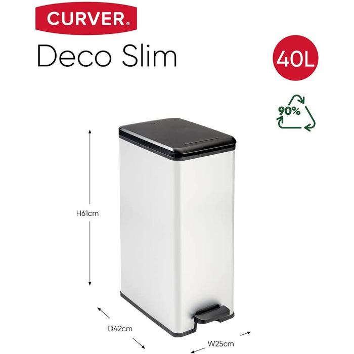 Кошик для сміття Curver Deco Slim об'ємом 40 л, пластикова, чорна / срібляста металева, 42 х 25 х 61 см 42 х 25 х 61 см Чорна / срібляста металева